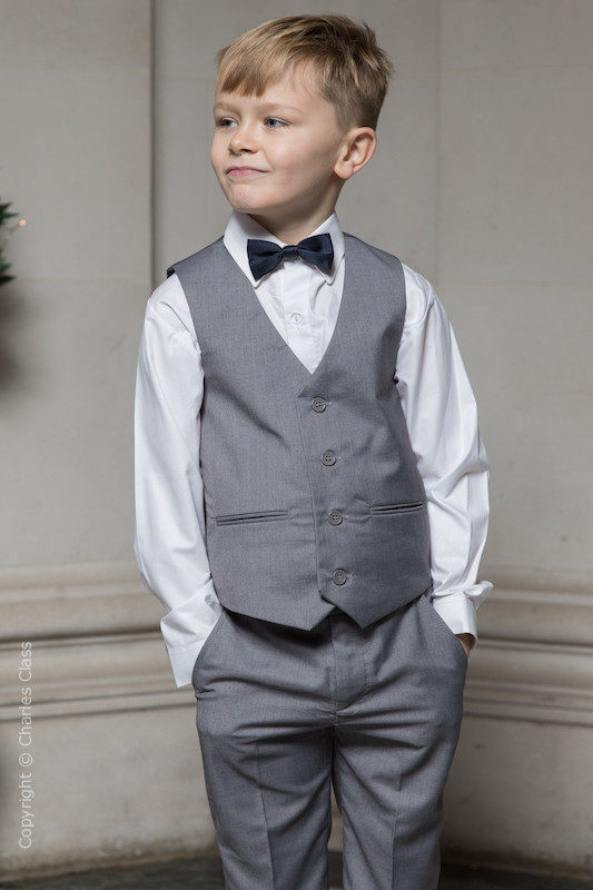 Boys Light Grey Shorts Summer Wedding Suit with a Navy Dickie Bow